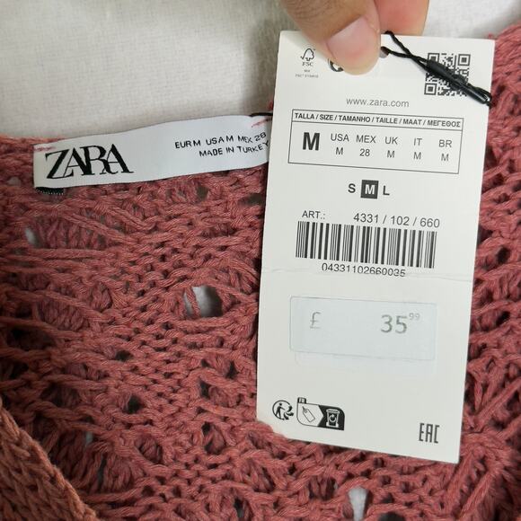 Zara Womens Dusty Rose Crochet Open Knit Hoodie Sweatshirt M NEW Unlined - Picture 4 of 11
